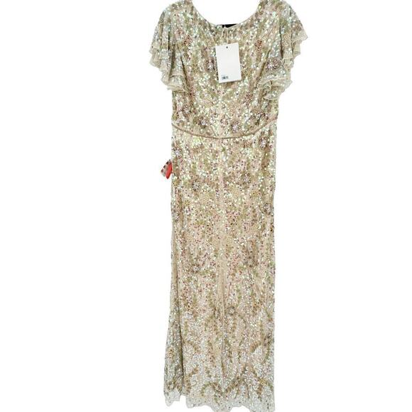 Mac Duggal Formal Embellished Beaded Cap Sleeve Long Gown Nude Size 14 NWT - Picture 9 of 11